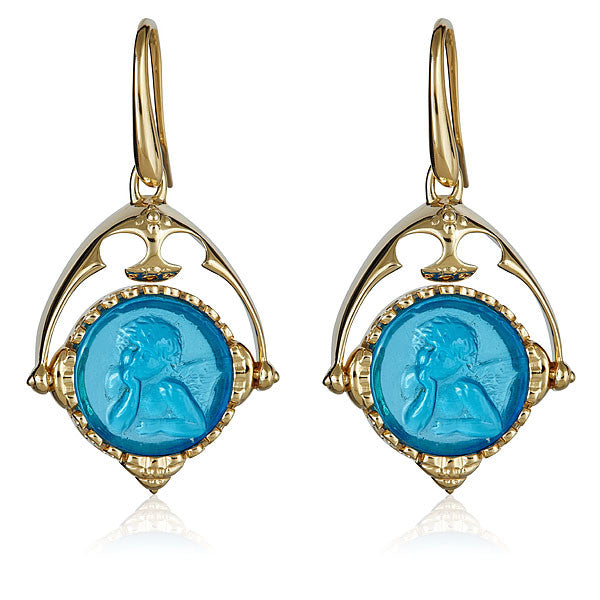 Aqua Blue Intaglio Cupid Earrings