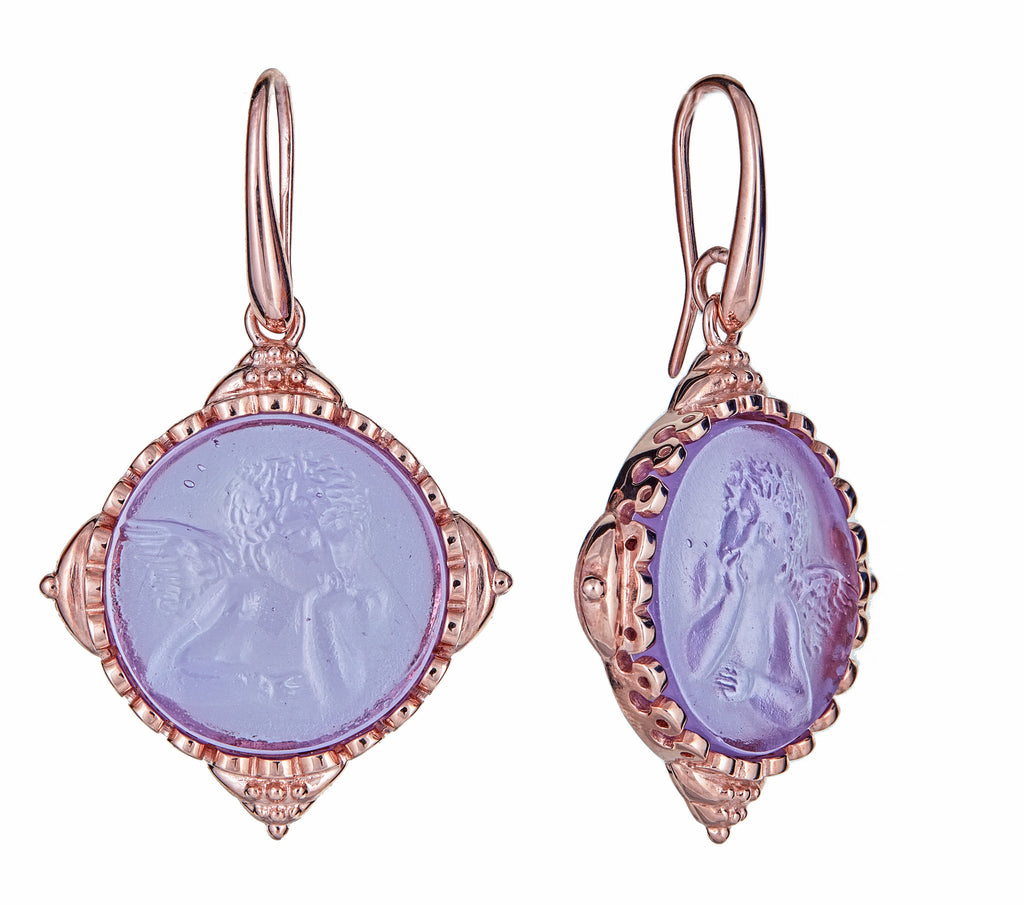 18k Rose Vermeil Lilac Cupid Intaglio Earrings