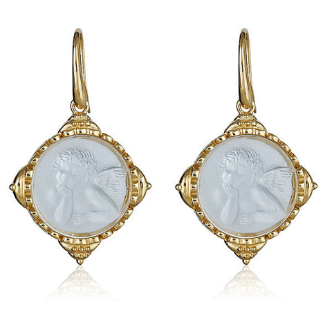 Aqua Blue Intaglio Pegasus 18k Yellow Vermeil Earrings