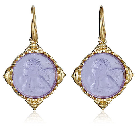 Aqua Blue Intaglio Pegasus 18k Yellow Vermeil Earrings
